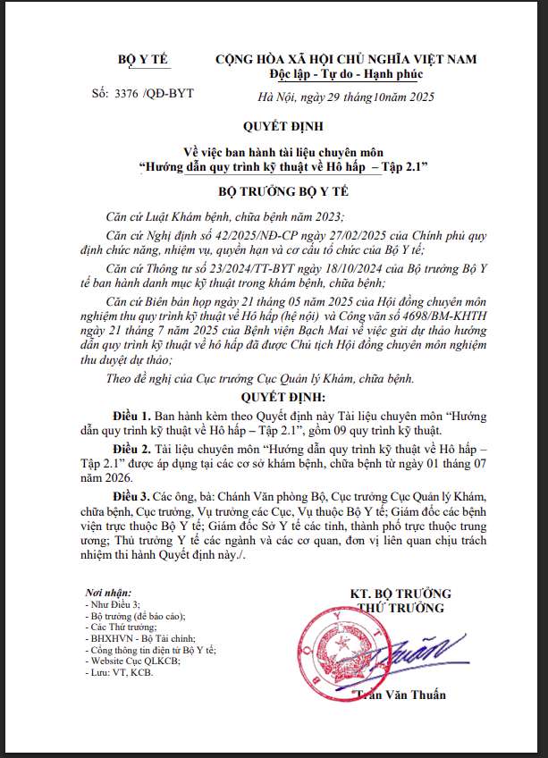 Hình ảnh tin tức QUYẾT ĐỊNH Về việc ban hành chuyên môn "hướng dẫn quy trình kỹ thuật Hô hấp - Tập 2.1"
