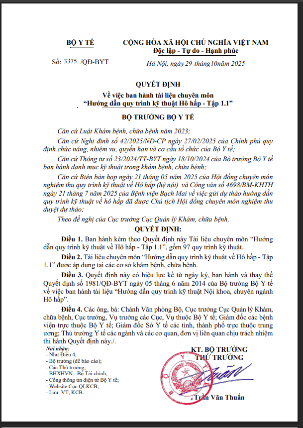 Hình ảnh tin tức QUYẾT ĐỊNH Về việc ban hành chuyên môn "hướng dẫn quy trình kỹ thuật Hô hấp - Tập 1.1"