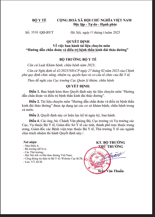 Hình ảnh tin tức QUYẾT ĐỊNH Về việc ban hành quyết định chuyên môn "Hướng dẫn chẩn đoán và điều trị thần kinh đái tháo đường"