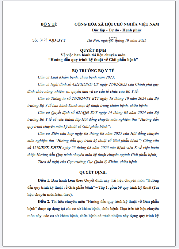 Hình ảnh tin tức QUYẾT ĐỊNH Về việc ban hành tài liệu chuyên môn "Hướng dẫn quy trình kỹ thuật về Giải phẫu bệnh"