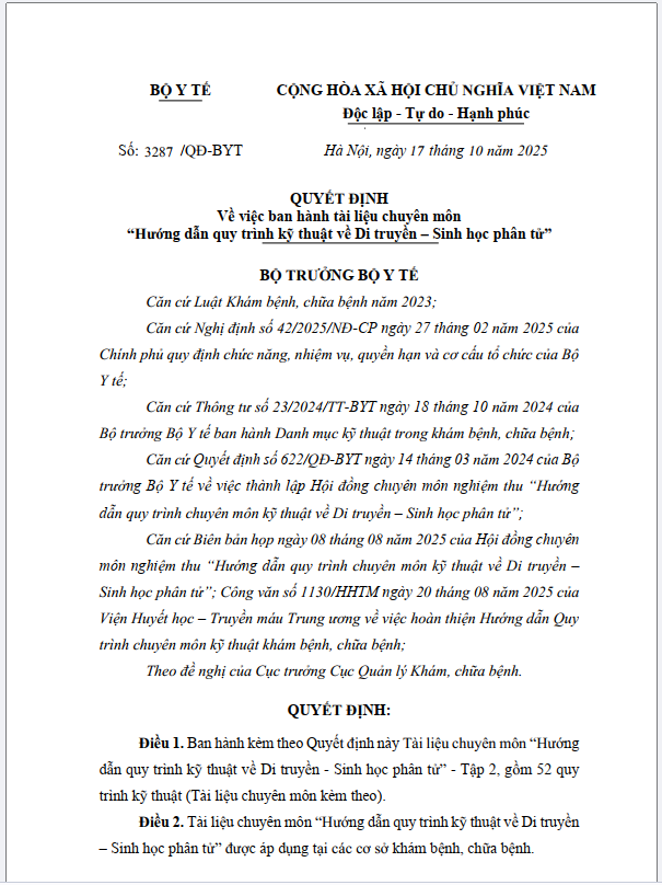 Hình ảnh tin tức QUYẾT ĐỊNH Về việc ban hành tài liệu chuyên môn "Hướng dẫn quy trình kỹ thuật về Di truyền - Sinh học phân tử"
