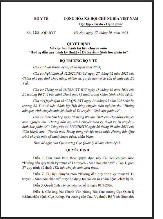Hình ảnh tin tức QUYẾT ĐỊNH Về việc ban hành tài liệu chuyên môn "Hướng dẫn quy trình kỹ thuật về Di truyền - Sinh học phân tử"