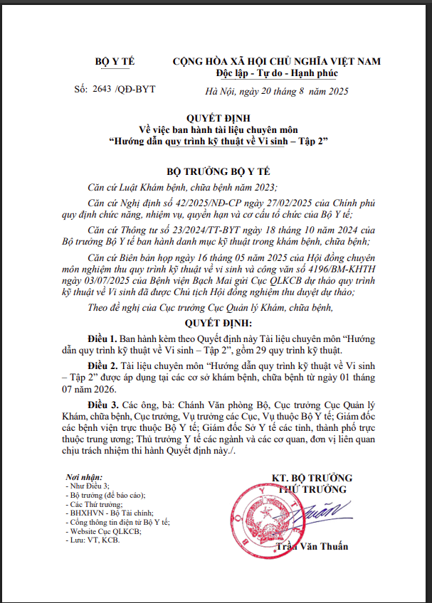 Hình ảnh tin tức QUYẾT ĐỊNH Về việc ban hành tài liệu chuyên môn "Hướng dẫn quy trình kỹ thuật về Vi sinh - Tập 2