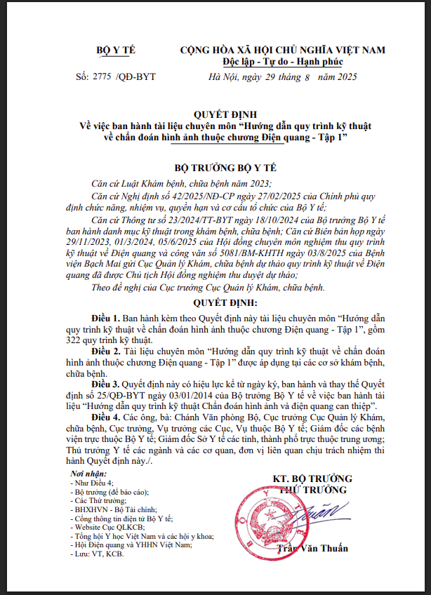 Hình ảnh tin tức QUYẾT ĐỊNH Về việc ban hành tài liệu chuyên môn "Hướng dẫn quy trình kỹ thuật về chẩn đoán hình ảnh thuộc chương Điện quang - Tập 1"
