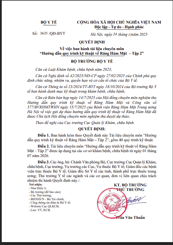 Hình ảnh tin tức QUYẾT ĐỊNH Về việc ban hành tài liệu chuyên môn “Hướng dẫn quy trình kỹ thuật về Răng Hàm Mặt – Tập 2”