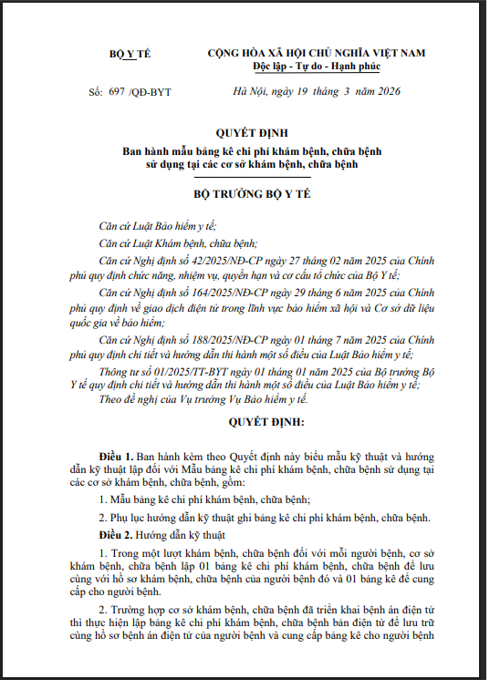Hình ảnh tin tức QUYẾT ĐỊNH Ban hành mẫu bảng kê chi phí khám bệnh, chữa bệnh sử dụng tại các cơ sở khám bệnh, chữa bệnh