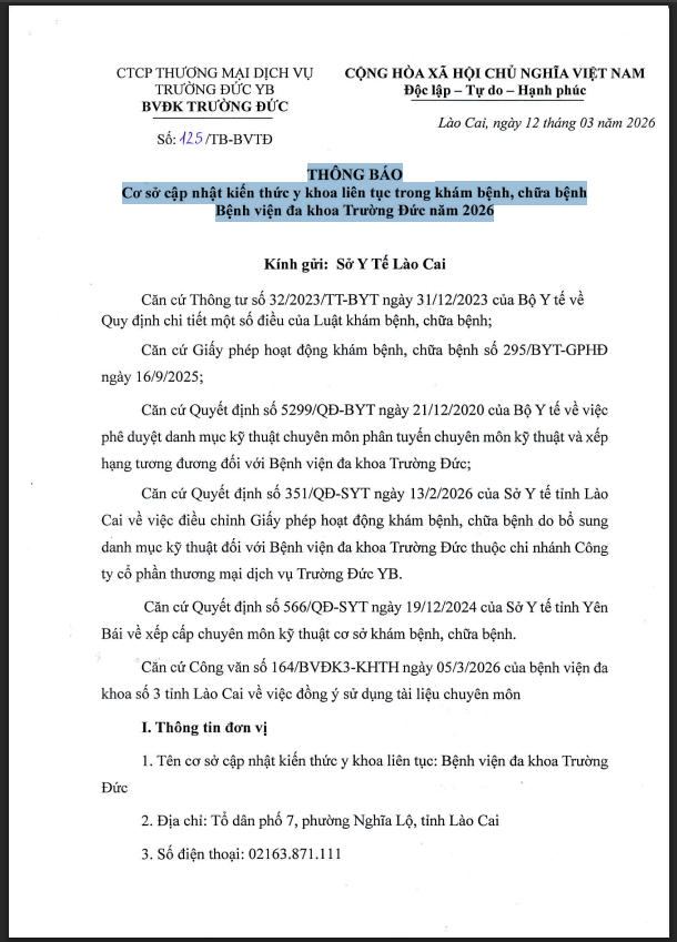Hình ảnh tin tức THÔNG BÁO Cơ sở cập nhật kiến thức y khoa liên tục trong khám bệnh, chữa bệnh Bệnh viện Đa Khoa Trường Đức năm 2026